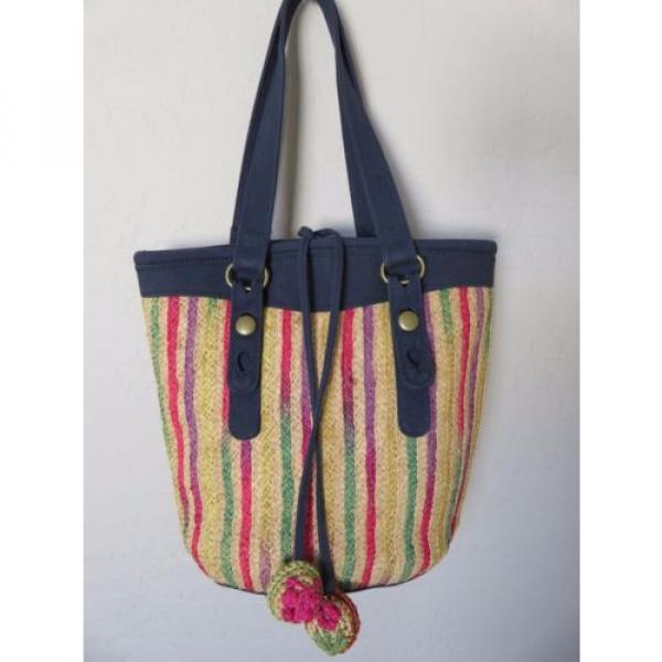 Lucky Brand Tote Bag Woven Straw Canvas Multi Color Stripe Handbag #3 image