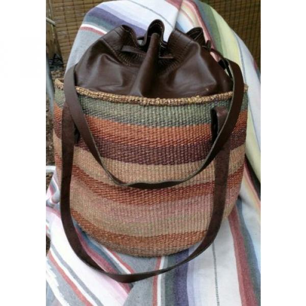 Large Woven Straw Shoulder Bucket Bag Leather Draw Top Tight Weave Southwest #1 image