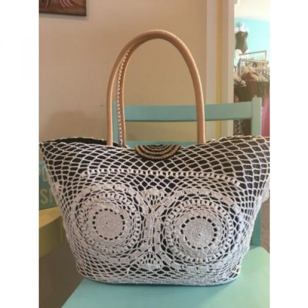 Skemo Beach Bag Straw Leather Crochet Bag Handmade Beaded Rhinestones #3 image