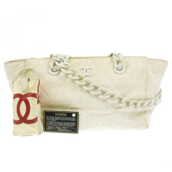 Auth CHANEL Quilted CC Chain Shoulder Tote Bag White Straw Vintage Italy WL00778 #1 image