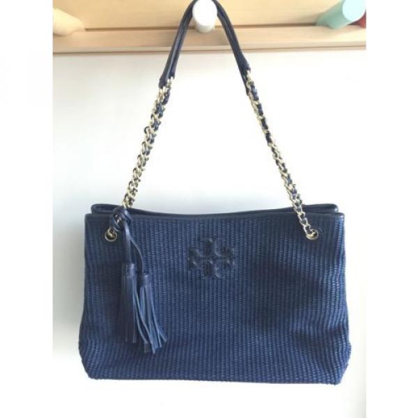 Tory Burch Thea Woven Straw and Leather Tote Shoulder Bag Tory Navy $395 #1 image