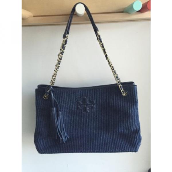 Tory Burch Thea Woven Straw and Leather Tote Shoulder Bag Tory Navy $395 #2 image