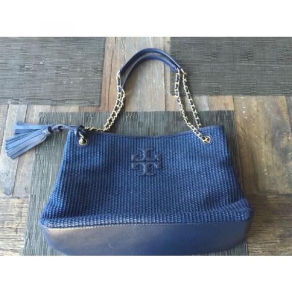 Tory Burch Thea Woven Straw and Leather Tote Shoulder Bag Tory Navy $395 #4 image