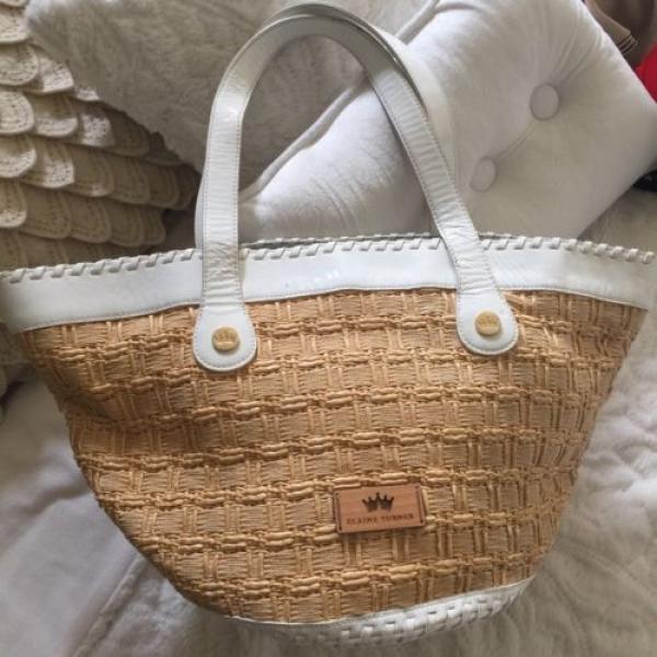 Elaine Turner White Beige Straw Patent Leather Beach Tote Hand Bag Purse $325 #1 image