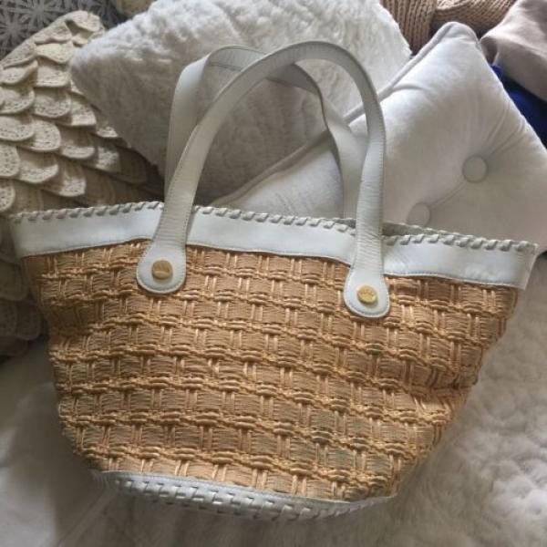 Elaine Turner White Beige Straw Patent Leather Beach Tote Hand Bag Purse $325 #5 image