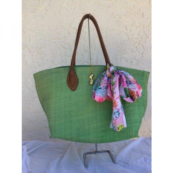 LILLY PULITZER Target Large Tote Bag Purse Green &#034;Nosey Posie&#034; Raffia with Scarf #1 image