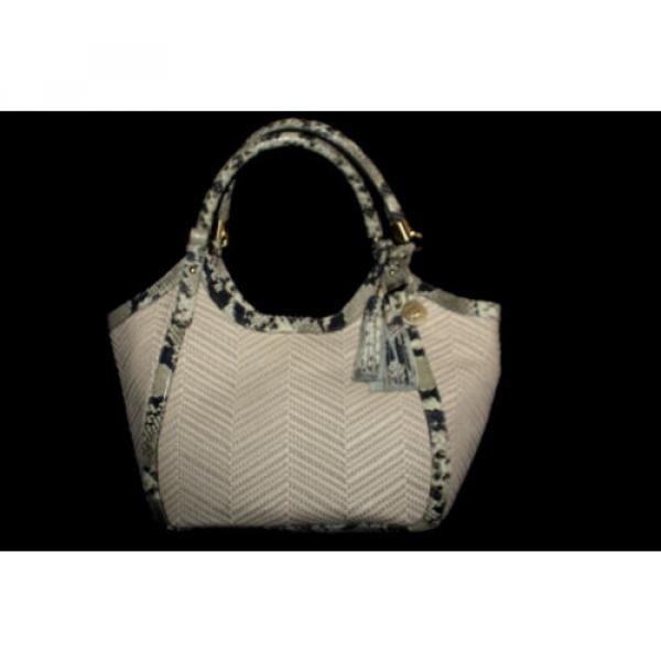 Brahmin Beige Straw Satchel Rattle Snake Trim Handbag Purse Leather Bag Tote #2 image