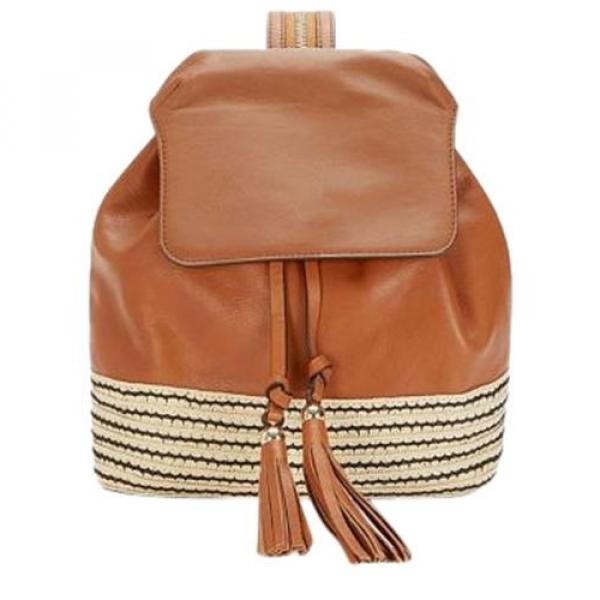 REBECCA MINKOFF MANSFIELD BACKPACK BAG Almond Leather w/Basket Weave Straw NWT #1 image