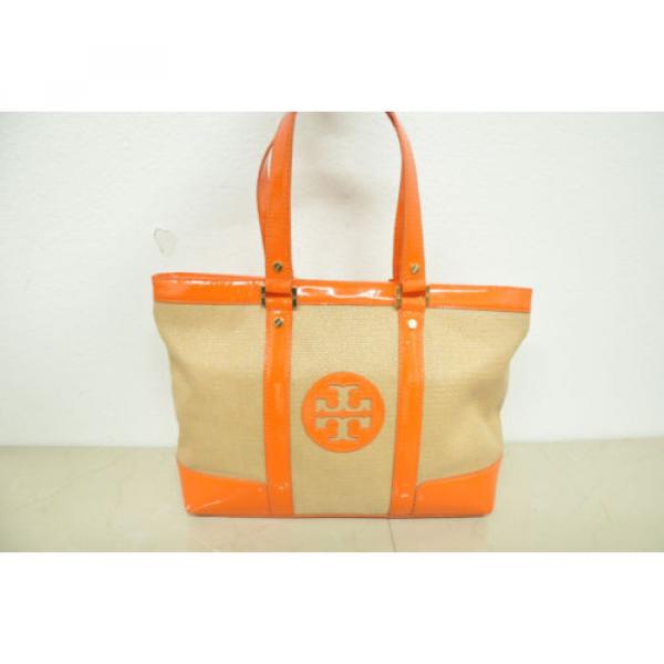 Tory Burch Tote Ella Orange Patent Leather Woven Straw Bag purse shopper #1 image