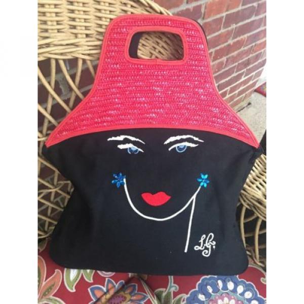 LULU GUINNESS BLACK CANVAS RED STRAW HANDLE WOMANS FACE TOTE HAND BAG✨ #1 image