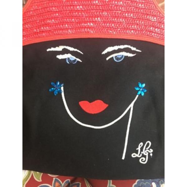 LULU GUINNESS BLACK CANVAS RED STRAW HANDLE WOMANS FACE TOTE HAND BAG✨ #2 image