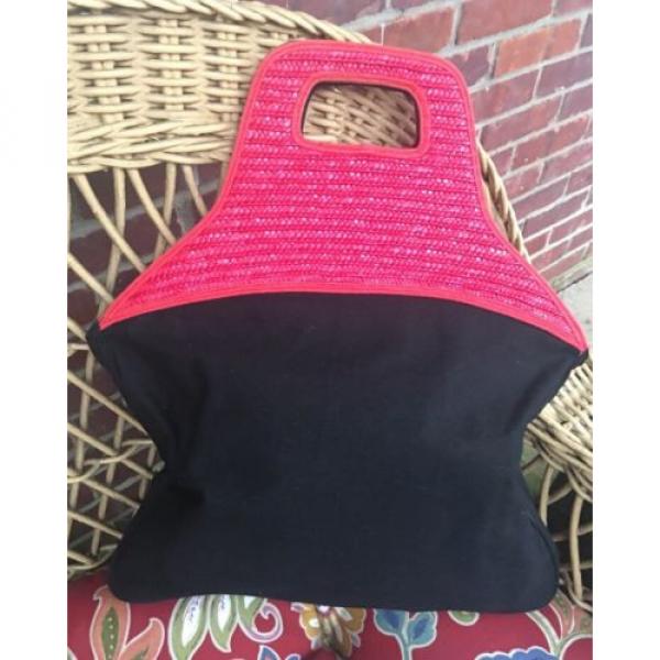 LULU GUINNESS BLACK CANVAS RED STRAW HANDLE WOMANS FACE TOTE HAND BAG✨ #4 image