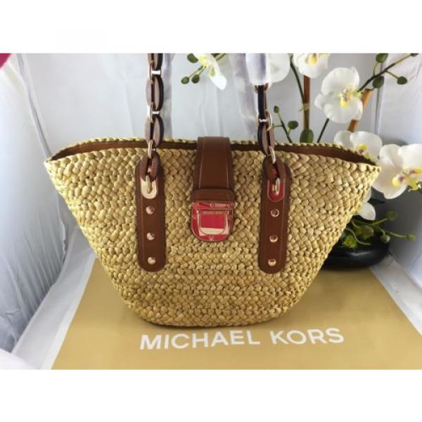 NWT Authentic MICHAEL KORS SANTORINI Large Straw Basket Pool Summer Bag BROWN #1 image