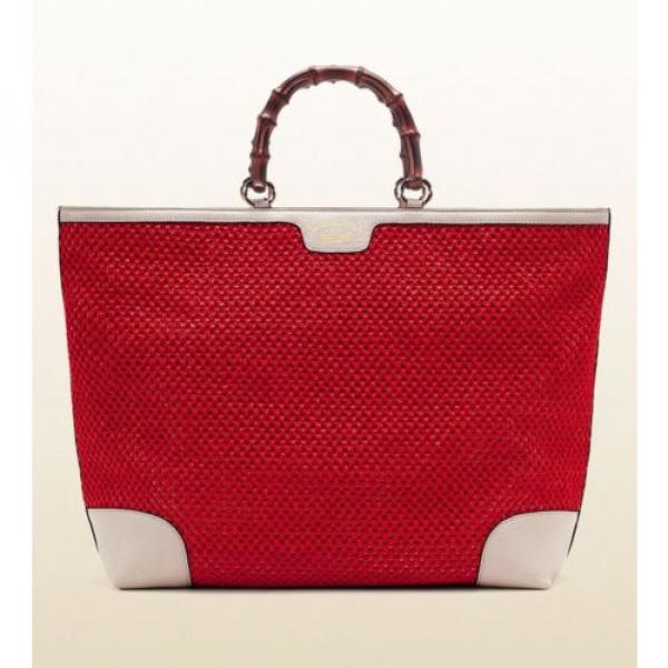 Authentic GUCCI Top Handle Bamboo Shopper Straw Tote Bag, Red/White 338964 6273S #1 image