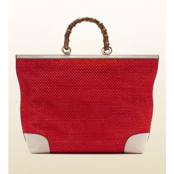 Authentic GUCCI Top Handle Bamboo Shopper Straw Tote Bag, Red/White 338964 6273S #2 image