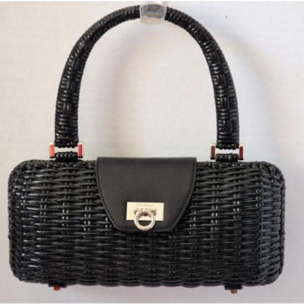 Salvatore Ferragamo Black Gancini Gancino Lock Wicker Rattan Straw Hand Bag #1 image