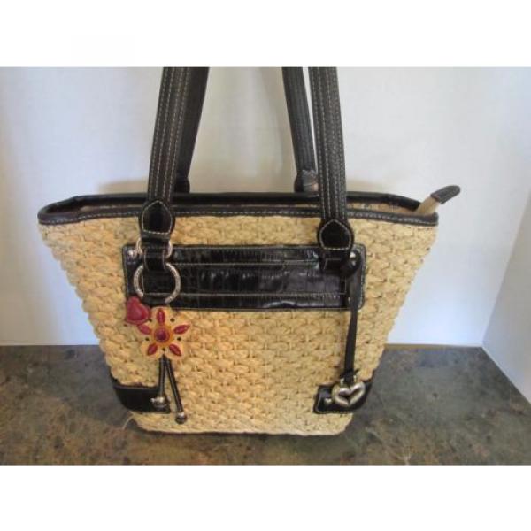 Brighton Straw and Leather Small Tote Shoulder Bag Satchel with Flower Emblem #2 image