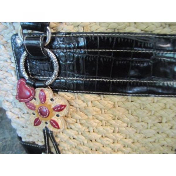 Brighton Straw and Leather Small Tote Shoulder Bag Satchel with Flower Emblem #3 image