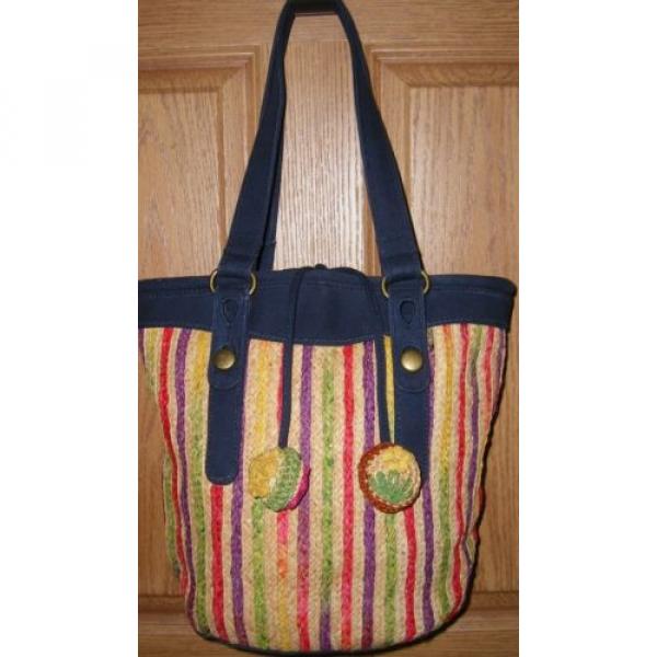 Multi-Color Straw &amp; Canvas Large Lucky Brand Shoulder Bag Purse Tote Shopper Fob #1 image