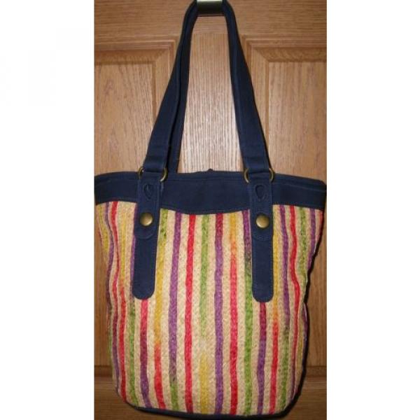 Multi-Color Straw &amp; Canvas Large Lucky Brand Shoulder Bag Purse Tote Shopper Fob #3 image