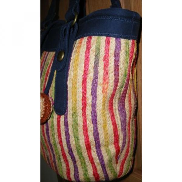 Multi-Color Straw &amp; Canvas Large Lucky Brand Shoulder Bag Purse Tote Shopper Fob #4 image