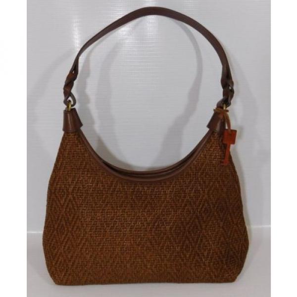 Womens FOSSIL Wooden Key Brown Woven Purse Straw Leather Trim Bucket Bag Boho #1 image