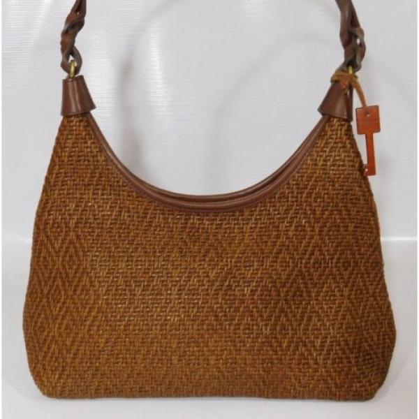 Womens FOSSIL Wooden Key Brown Woven Purse Straw Leather Trim Bucket Bag Boho #2 image