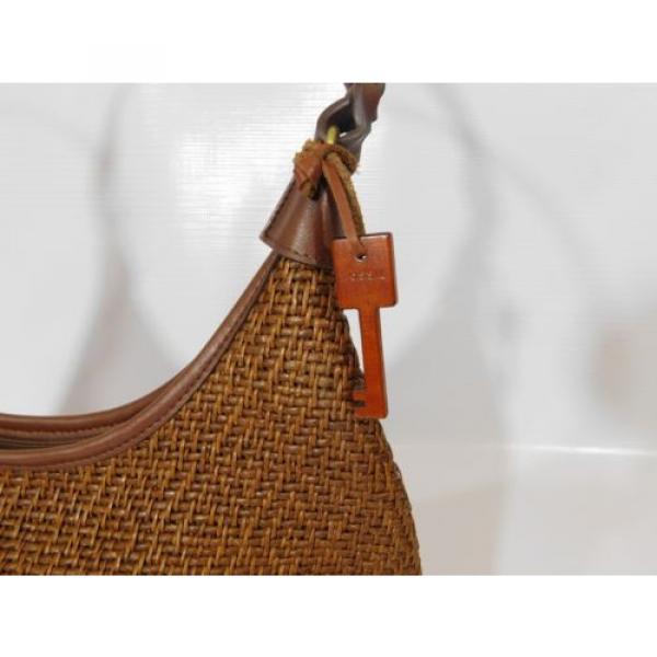 Womens FOSSIL Wooden Key Brown Woven Purse Straw Leather Trim Bucket Bag Boho #3 image