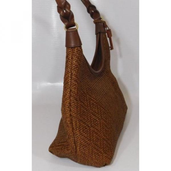 Womens FOSSIL Wooden Key Brown Woven Purse Straw Leather Trim Bucket Bag Boho #4 image