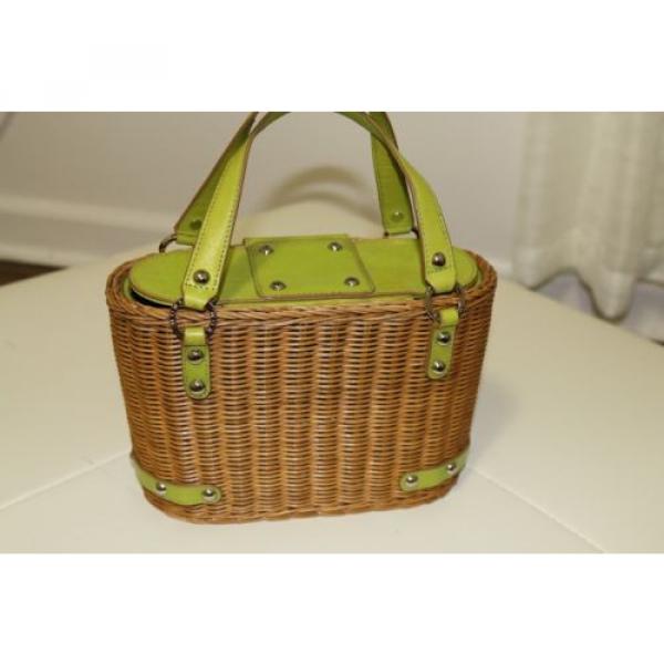 Monsac Straw Tote Basket Bag with Green Leather Trim Very Nice #2 image