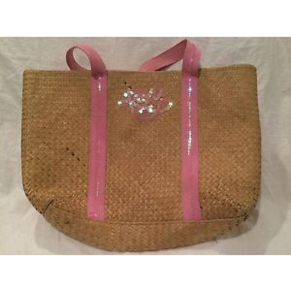 Roxy Woven Straw Beach Pool Bag Tote Beige Pink Sequins #1 image