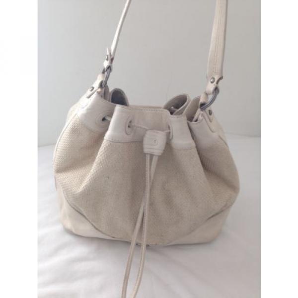 COLE HAAN Beige Leather/ Straw Burlap DRAWSTRING Tote Shoulder Bag Hobo #1 image