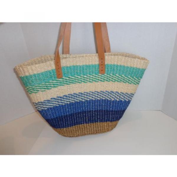 STRAW KENYA SISAL TOTE MARKET BAG BLUE ~ GREEN ~ NATURAL with LEATHER STRAPS #1 image