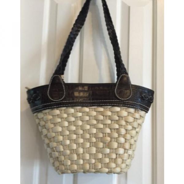 BRIGHTON  Straw  Brown Croc Trim Braid Straps Heart Basket Shoulder Bag Purse #4 image