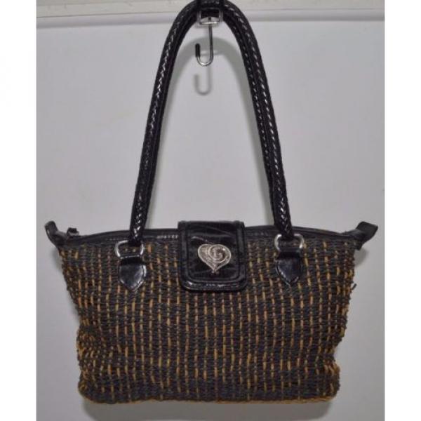 Brighton Black Brown Straw Weave Purse Satchel Shoulder Bag Heart Footed #2 image