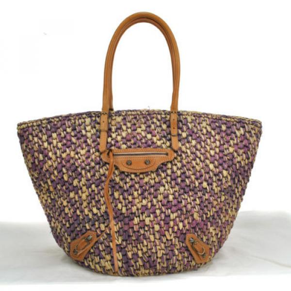 Auth BALENCIAGA Raffia Hand Tote Bag Purple Brown Straw Leather Vintage F01840 #1 image