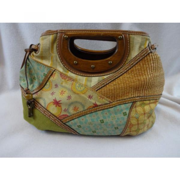 Fossil Summertime Patchwork Straw Wood Leather Tote Shopper Shoulder Bag Purse #1 image