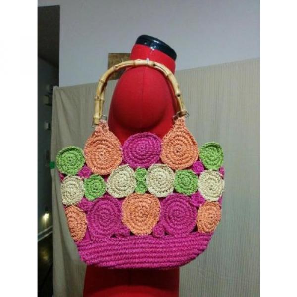 Colorful Summer Straw Bag Purse Double Bamboo Handles Quatre Saisons Wide Bottom #1 image