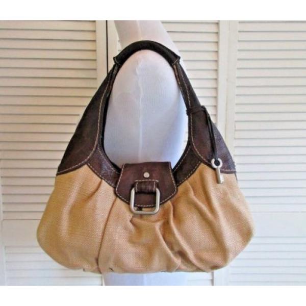 Fossil Tan Brown Jute Straw/Leather Hobo Shoulder Bag With Key #1 image