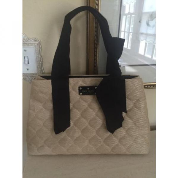 KATE SPADE Quilted Soft STRAW Fabric Bow Beige/Black Medium Shoulder Bag Purse #3 image