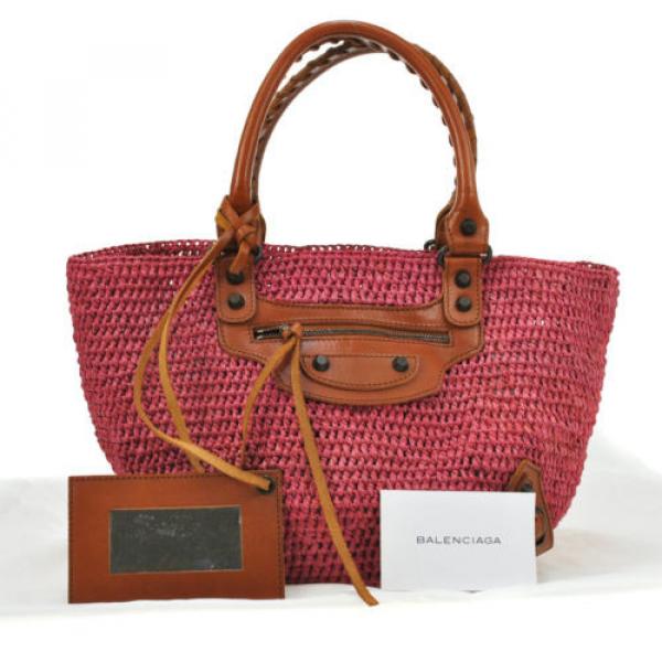 Auth BALENCIAGA Raffia Hand Tote Bag Pink Brown Straw Leather Vintage V03234 #1 image