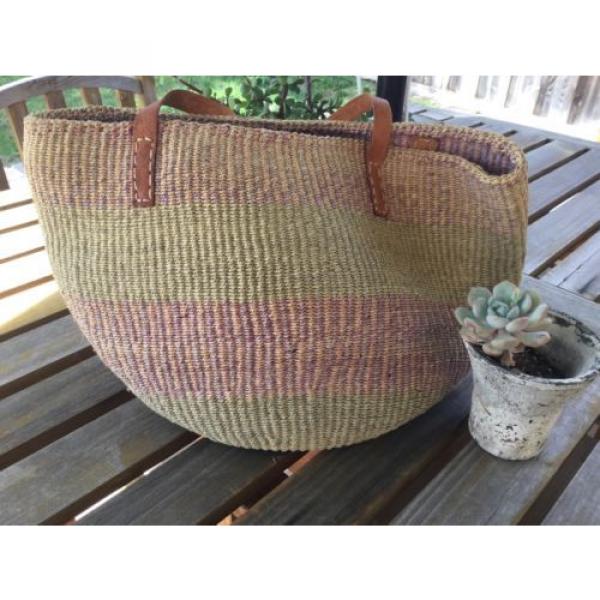 Vtg Leather Strap Light Purple Straw Woven Basket Bucket Shoulder Bag Purse Sack #5 image