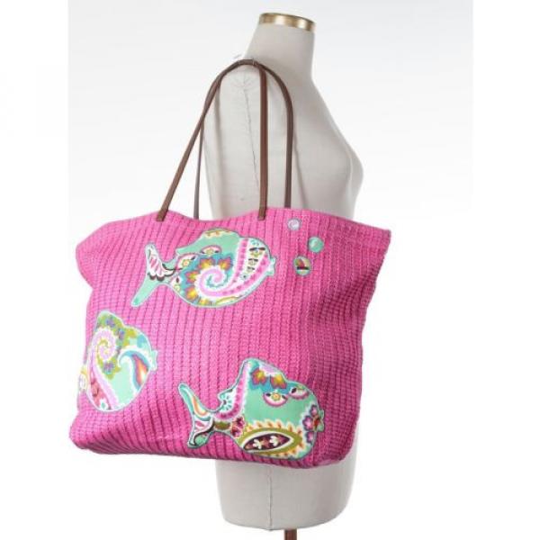 Vera Bradley Tutti Frutti Hot Pink Straw Beach Pool Fish Bag Tote Large #3 image