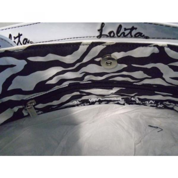 Lolita White Shiny Patent Beach Shopping Bag Sunglasses Lips Zebra Lined Purse #3 image