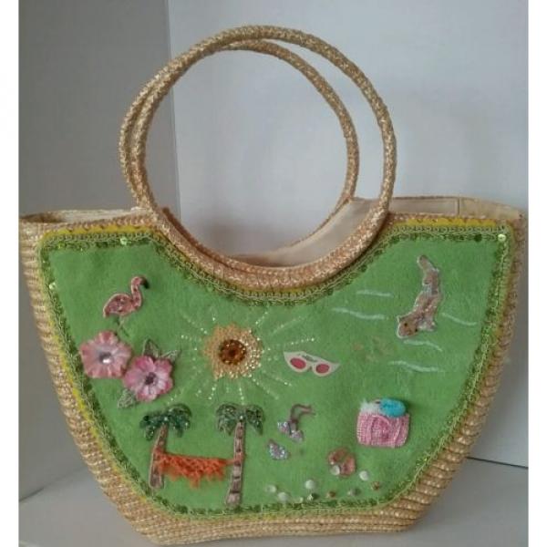 Pink Flamingos Gator Beach Tote Bag Cappelli Straworld Sequins Beads Glittery #1 image