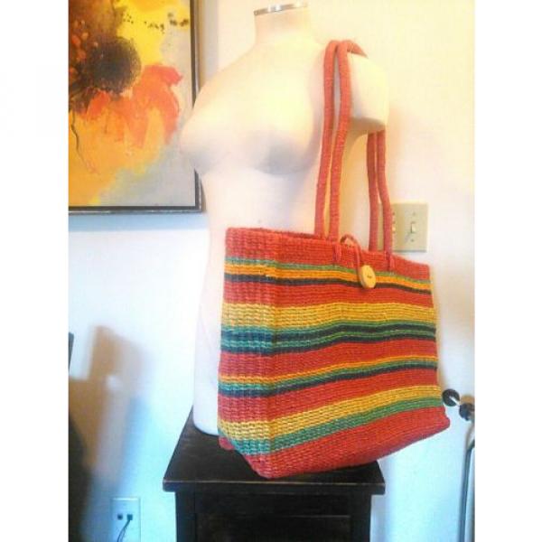 Vintage XL Heavy Duty Woven Straw Bag Beach Tote Market Bag Striped Wooden Bead #2 image