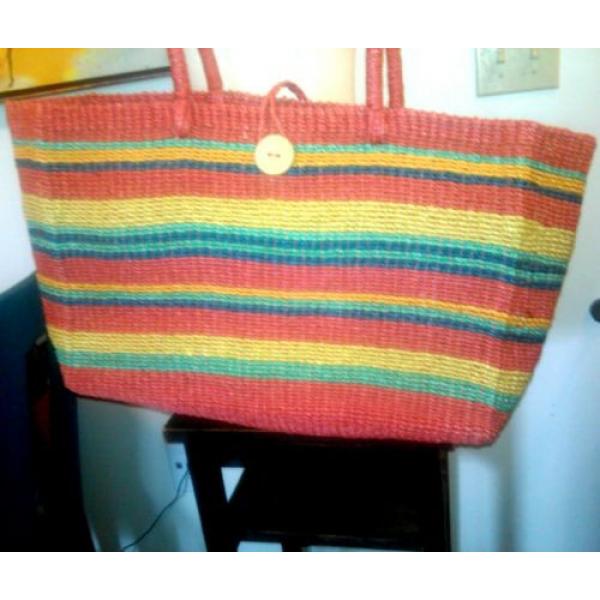 Vintage XL Heavy Duty Woven Straw Bag Beach Tote Market Bag Striped Wooden Bead #3 image