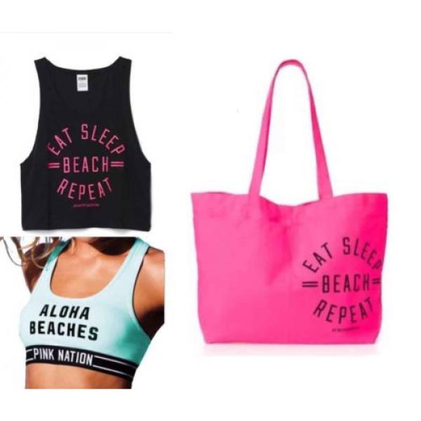 NWT Sz M 3Pz Victoria&#039;s Secret Tote Bag ,Bra,Tank Top Pink Black Eat Sleep Beach #1 image