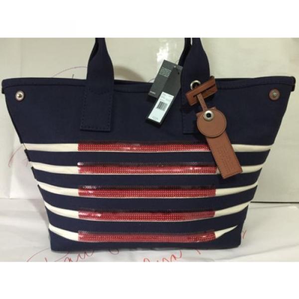 Marc Jacobs St.Tropez Sequin Striped Beach Tote Bag New Prussian Blue W/Ecru NWT #1 image