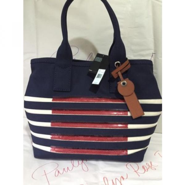 Marc Jacobs St.Tropez Sequin Striped Beach Tote Bag New Prussian Blue W/Ecru NWT #2 image